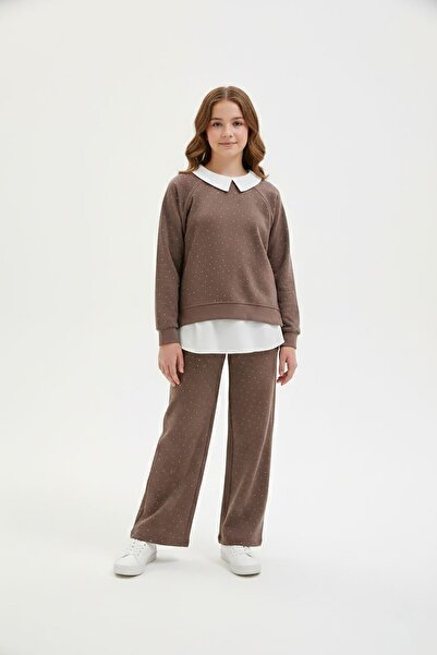 Cansın Mini Brown Stone Detailed Pants and Girls' 3-Piece Shirt Set 23626