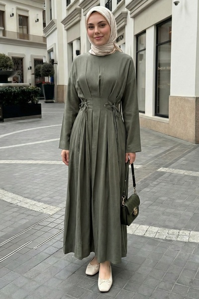 InStyle Pleated Belted Khaki Dress
