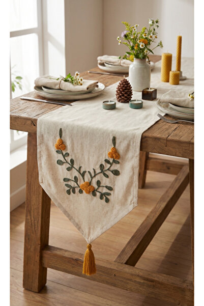 BUGİ HOME COLLECTİON Punch Embroidered Floral Patterned Linen Decorative Vint...
