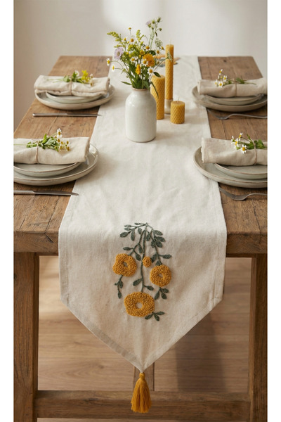 BUGİ HOME COLLECTİON Punch Embroidered Floral Patterned Linen Decorative Vint...