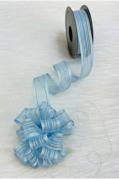 ZEYMERADE Pull-Out Chiffon Ribbon Baby Blue Gold Glitter 2.5cm 20Mt, Bride, B...