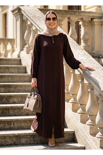N.S NEVA STYLE Zippered Dark Brown Hijab Abaya 45317Kkh