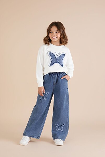 Cansın Mini Ecru Butterfly Embroidered Badili Jeans Pants Girls' 2-Piece Set ...