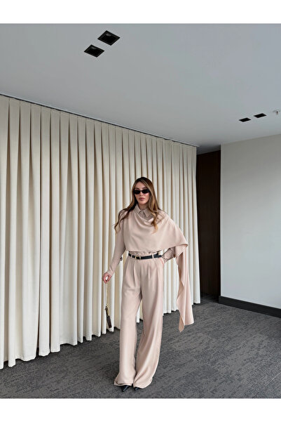 Laluvia Beige Belted Shawl Collar Shirt and Trousers Set - 8004