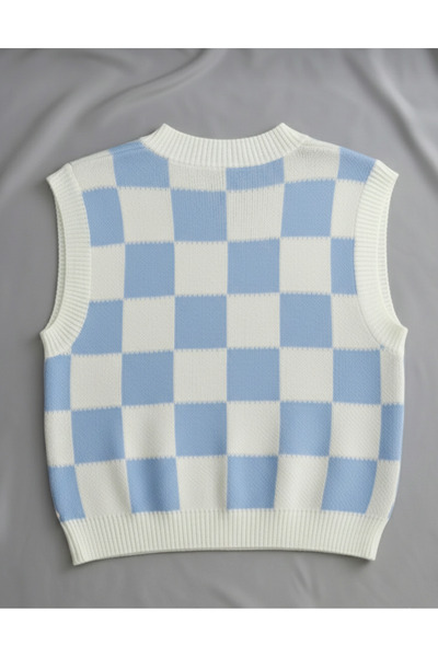 SERMEZ Women's Baby Blue Square Patterned Oversize Knitwear Sweater