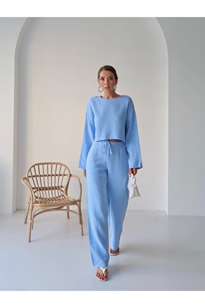 Paw Garage Kadın Trend Uzun Kol Crop Pantolon Takım - Müslin Kumaş