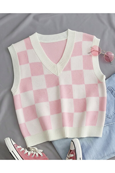 SERMEZ Women's Pink Powder Square Patterned Oversize Knitwear Sweater