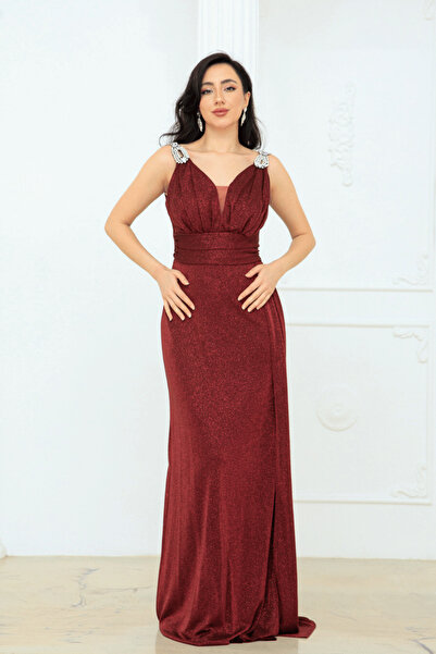 BEYBOS Μακρύ βραδινό φόρεμα με λεπτομέρειες από λαμπερές πέτρες - ΒΟΡΝΤΟ