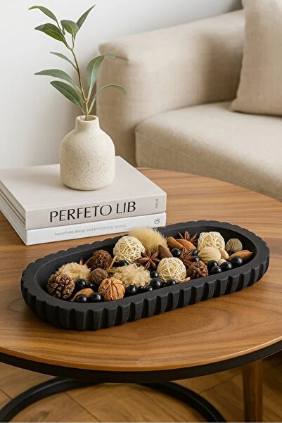 N.zone Decorative ribbed walnut wood tray - a tall, modern centerpiece for th...