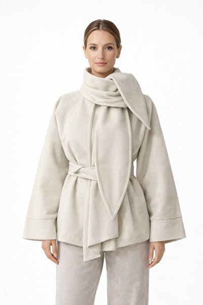Glowear Atelier Women's Cream Color Cashmere Jacket with Scarf Collar Detail