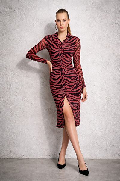 QUHOX Zebra Patterned Lined Midi Shirt Dress – Slit & Front Buttoned
