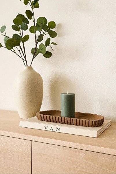 N.zone Decorative ribbed walnut wood tray - a tall, modern centerpiece for th...