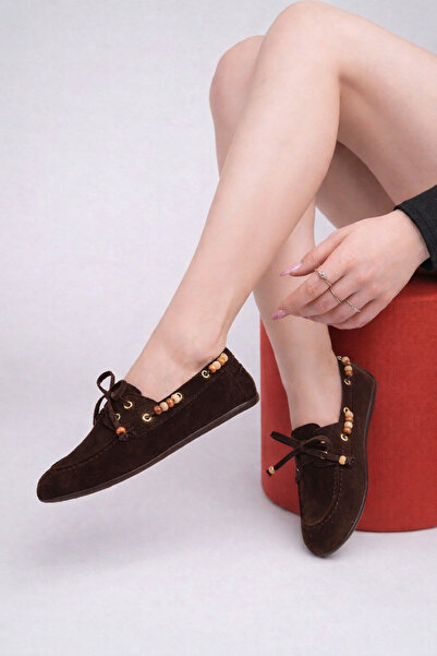 STOCON Women's Bitter Brown Calf Suede Bead Detailed Loafer Daily Use Shoes S...