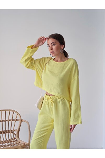 Paw Garage Women's Trendy Muslin Fabric Long Sleeve Crop Pants Set