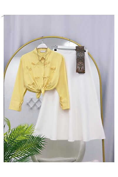 YEDİLALE Bow Detail Short Shirt Puff Scuba Flared Skirt Two-Piece Set [Exclud...