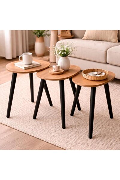 Generic Wooden Side Table Set of Three with Metal Legs