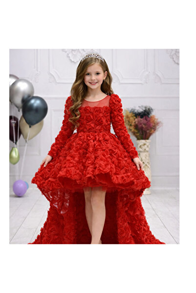 ELLUSSİ Kırmızı Gül Desenli Uzun Kol Elbise Abiye Gelinlik