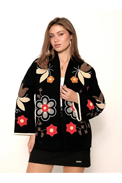 bysoca Women's Black Color Punch Embroidered Long Kimono Sleeve Open Front Sh...