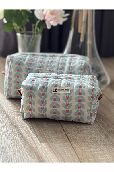 dyhandmade Kalp Desenli Makyaj Çantası Seti