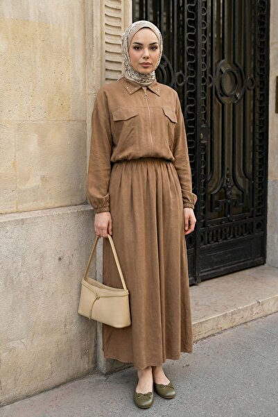 InStyle Camel Modal Suit with Stone Collar and Zipper