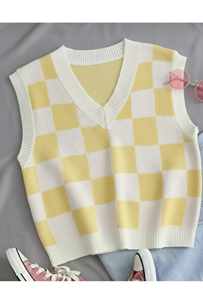 SERMEZ Women's Lemon Yellow Square Patterned Oversize Knitwear Sweater