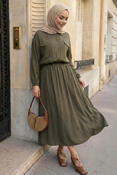 InStyle Khaki Modal Suit with Stone Collar and Zipper