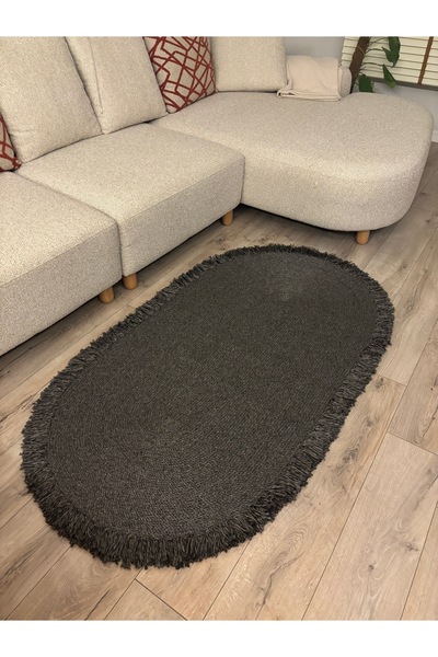 MaVaux Natura Antrasit Burgu Halat, Hasır Örgü Yuvarlak Saçaklı Jüt Kilim Doğ...