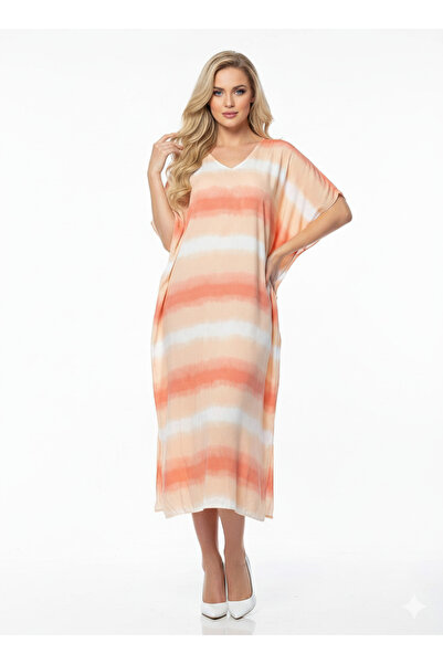 kimono Peach & White Tie-Dye Stripe Rayon Kaftan Dress