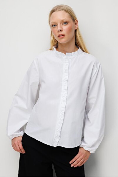 Mixray 4821 Women's Ruffled Balloon Sleeve Shirt White