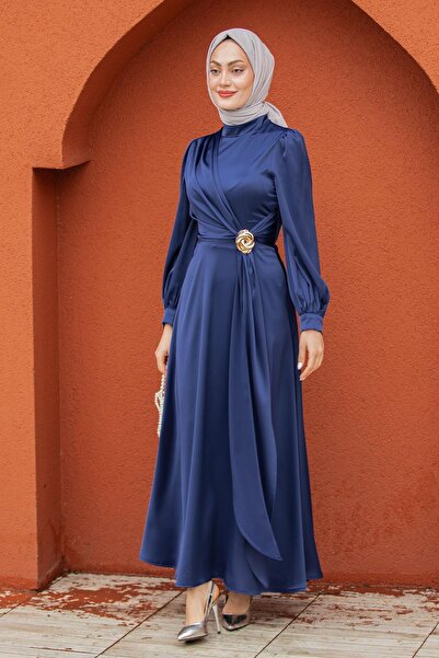 Tesettür Çarşım Nilda Gül Broş Detaylı Saten Abiye-Laci