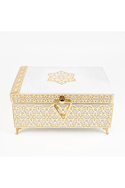 Hayrat Neşriyat Velvet Chest Dowry Box, Patterned (White, Hollow Box)