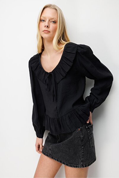 Mixray 4813 Women's Flounce V-Neck Blouse Black