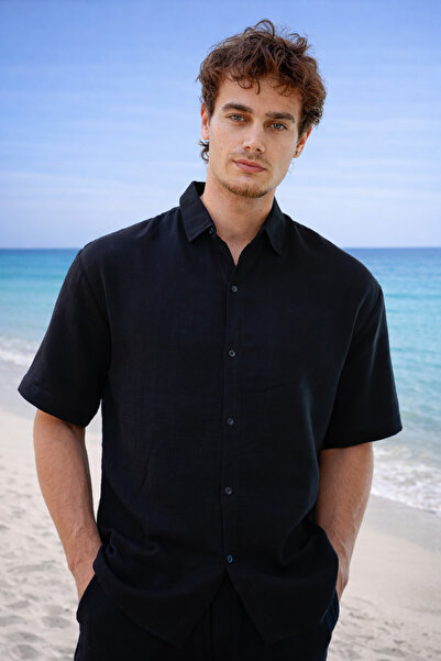 Pobudo Black Color Short Sleeve Muslin Fabric Men's Shirt