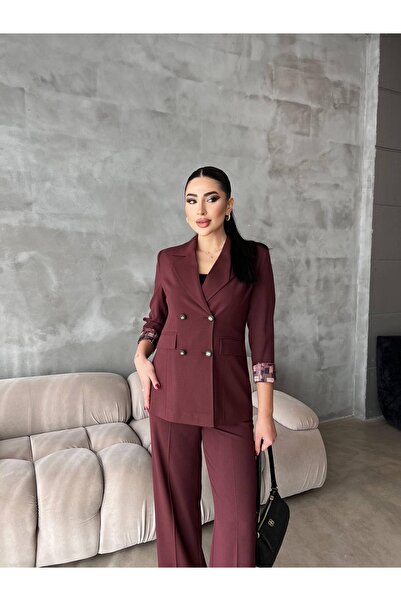 cottonage Lined Patterned Women's Blazer Top and Bottom Set