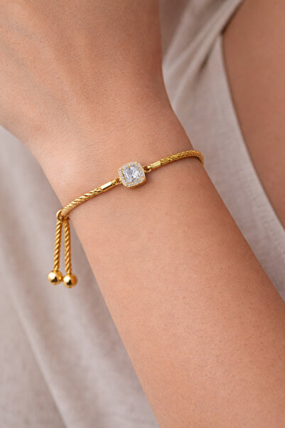tutu tasarım Drawstring Square Stone Detailed Women's Bracelet – Adjustable E...