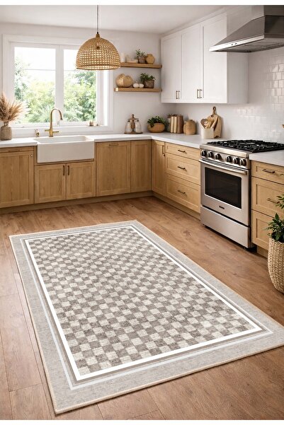 CENTER AVM Bej Halı Mutfak Halısı Makinede Yıkanabilir Halı Kaymaz Taban Halı