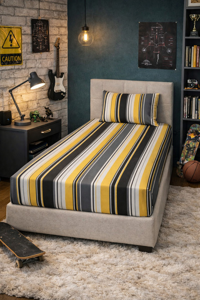 LaraLisa Striped 1 Piece Elastic Sheet and 1 Piece Pillowcase Combed Cotton S...