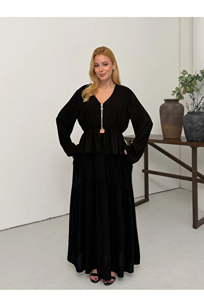 Cool & Sexy Viscose Fabric Zipper Detailed Top and Bottom Set Black