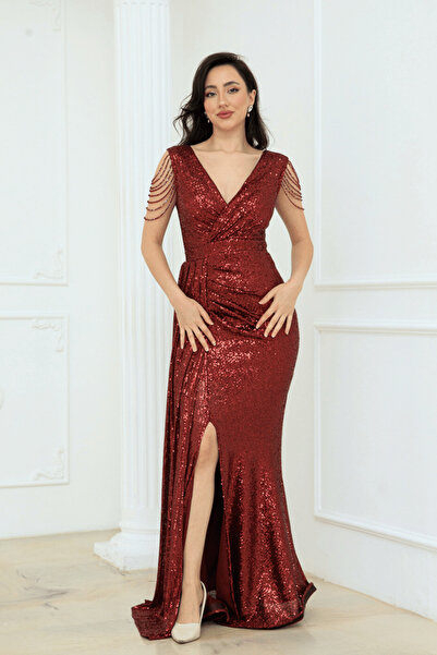 BEYBOS Φόρεμα με παγιέτες, υφασμάτινο, με φούντα ώμου, με χάντρες, ψαροκόκαλο...