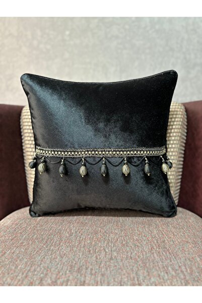 Fabricland Catifea țesută Atlas cu mărgele negre și ciucuri 43x43 PĂTRAT