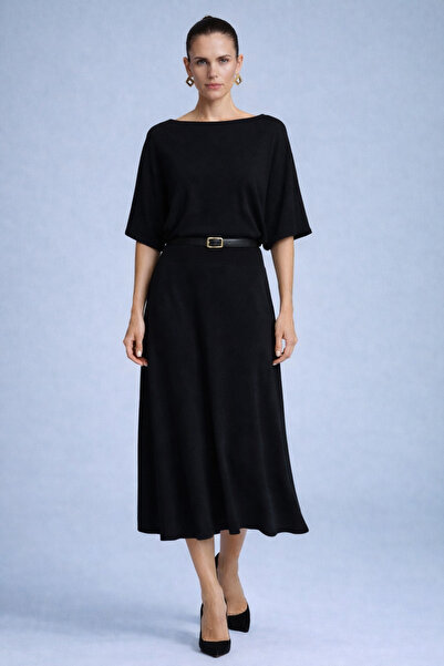 kikiriktekstil 10972 Women's Cotton Boat Neck Belted Knitwear Dress