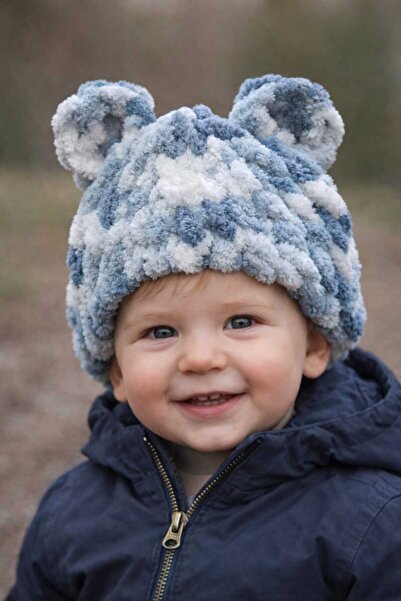 Dodemert Home Puffy Gray Hand Knitted Balaclava Beanie with Ears (1-4 Years Old)
