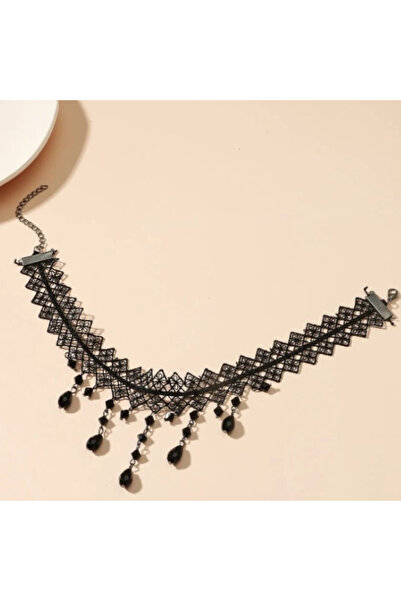CRM Colier elegant tip choker pentru femei, CRM, negru cu dantelă și elemente decorative