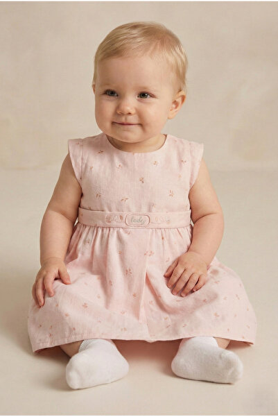 Caramell Baby Girl Dress Floral Pattern Lined Cotton Linen Blend Summer Dress