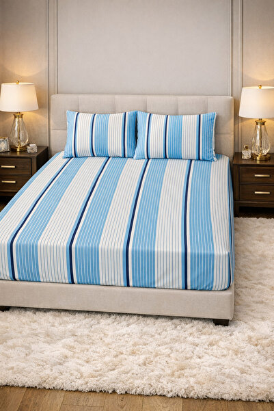 LaraLisa Striped 1 Piece Elastic Sheet and 2 Piece Pillowcase Combed Cotton S...