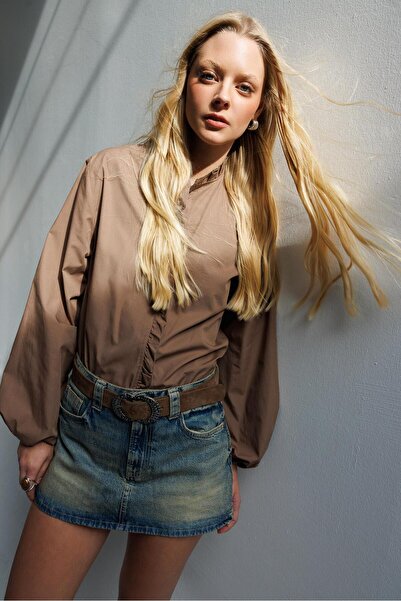 Mixray 4821 Women's Ruffled Balloon Sleeve Shirt Moka