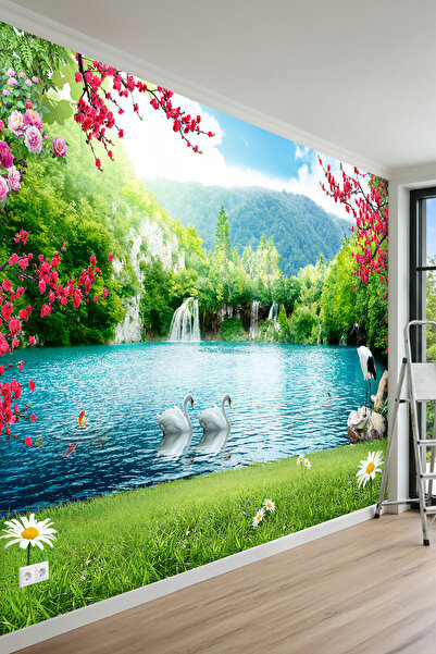 MİRAZAWALL Bahar Çiçekli Göl ve Şelale Manzaralı Tek Parça Tekstil Duvar Kağıdı