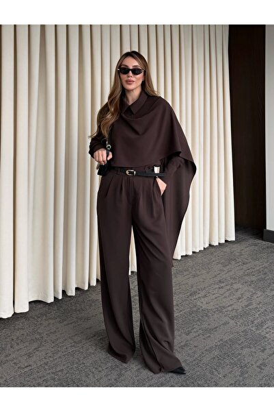 Laluvia Brown Belted Shawl Collar Shirt and Trousers Set - 8004