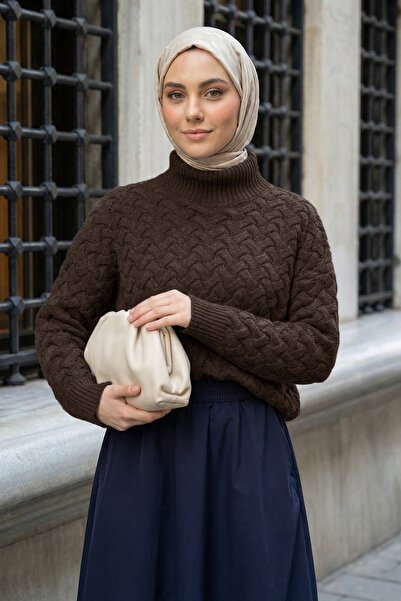 InStyle Braided Bitter Brown Turtleneck Knitwear Sweater