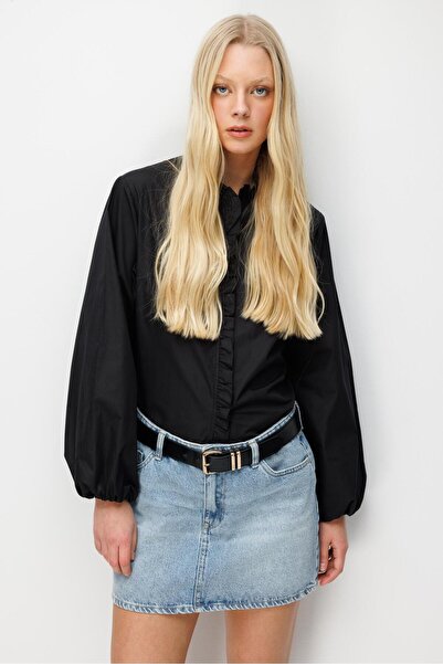 Mixray 4821 Women's Ruffled Balloon Sleeve Shirt Black